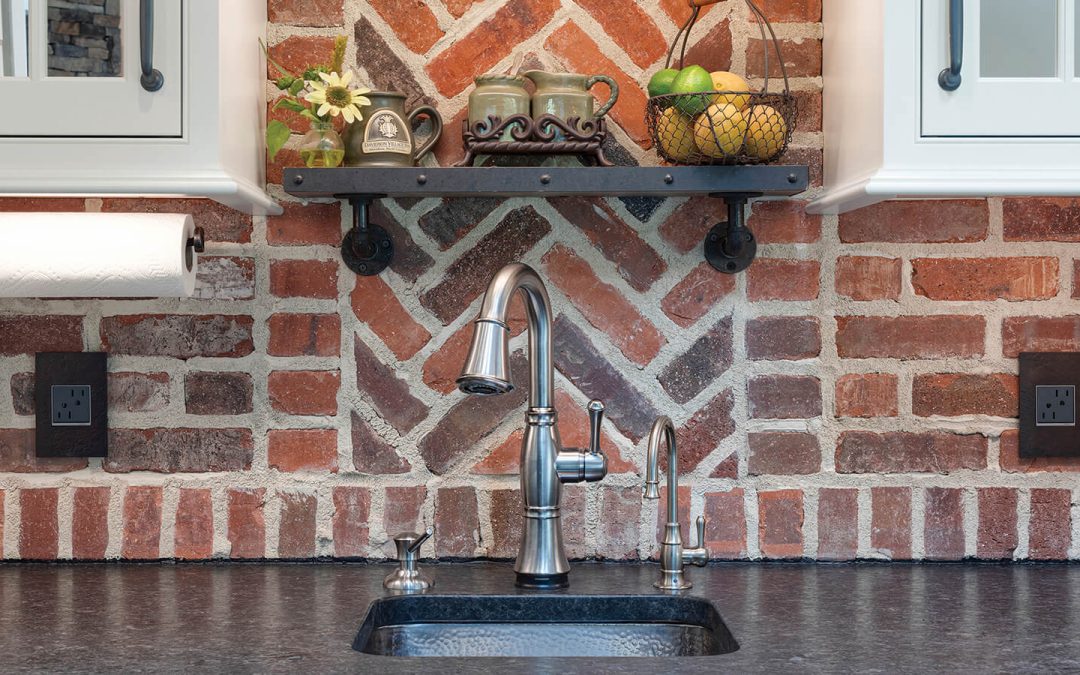 Red Chevron and Herringbone Brick Pattern in Kitchen backsplash - North Georgia Brick