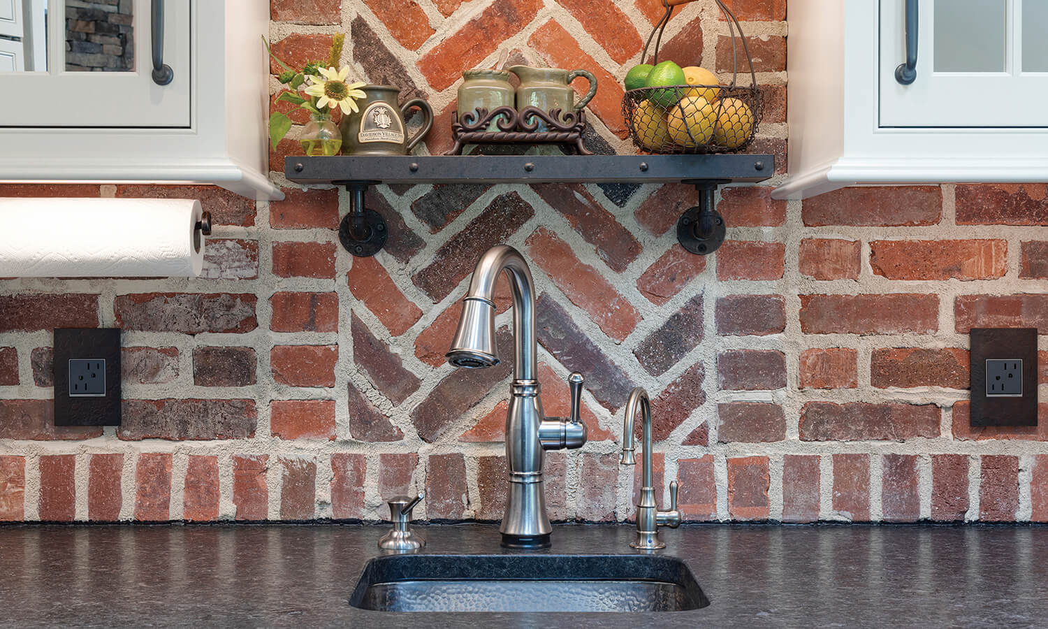 Red Chevron and Herringbone Brick Pattern in Kitchen backsplash - North Georgia Brick